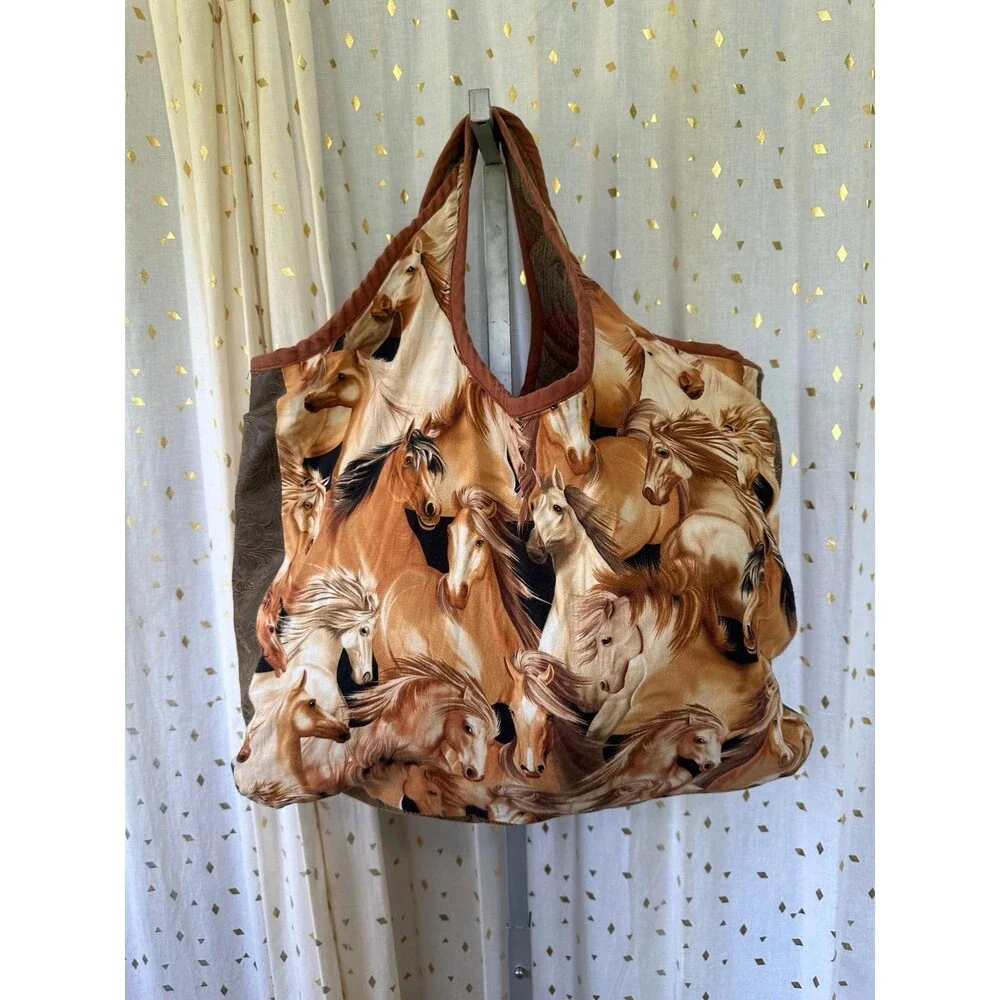 Unbranded Reversable Horses Stallion Tapestry Embroidered Mix Media Hobo Bag